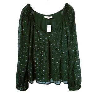 🌿 Beautiful LOFT NWT Dark Green Silver Metallic Blouse Size XL Sheer Shimmer
